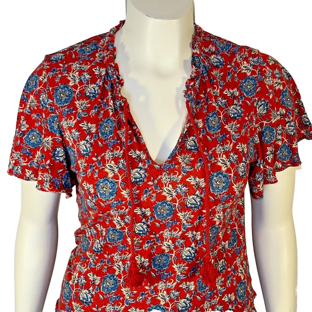 Lauren Ralph Lauren Peasant Blouse Womens L Red Blue Floral Chintz Ruffle Neck - Picture 2 of 10